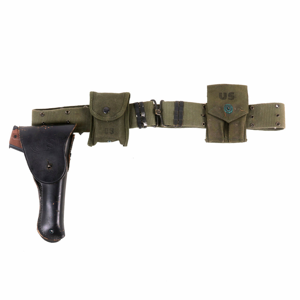 Original U.S. Vietnam War Era M-1956 Load-Carrying Equipment Belt With Black M1911 Holster With Replica M1911 Pistol Prop, First Aid Pouch With Bandage and Magazine Pouch Original Items