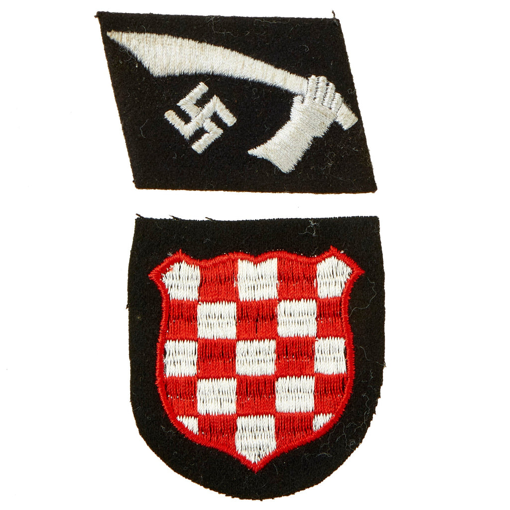 Original German WWII Croatian 13th Waffen SS Mountain Division "Handschar" Collar Tab with Croatian Vol. Sleeve Shield - Unissued Original Items