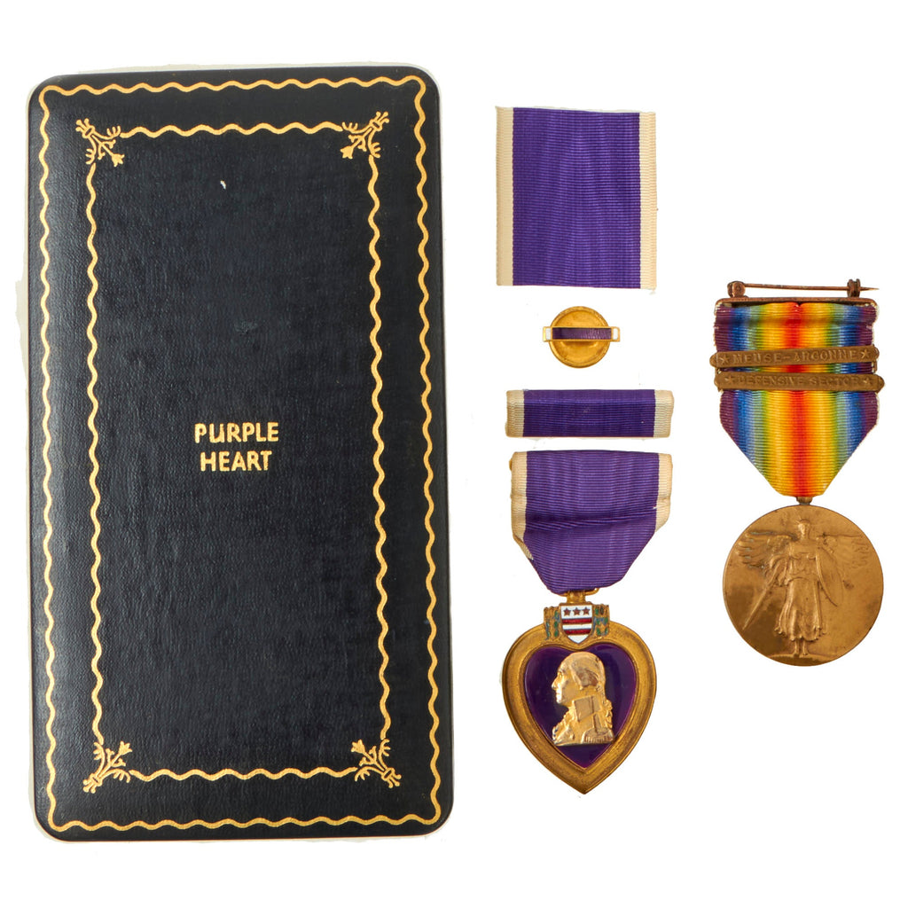 Original U.S. WWI 36th Division Engraved Purple Heart & Victory Medal Grouping - 142nd Infantry Regiment Original Items