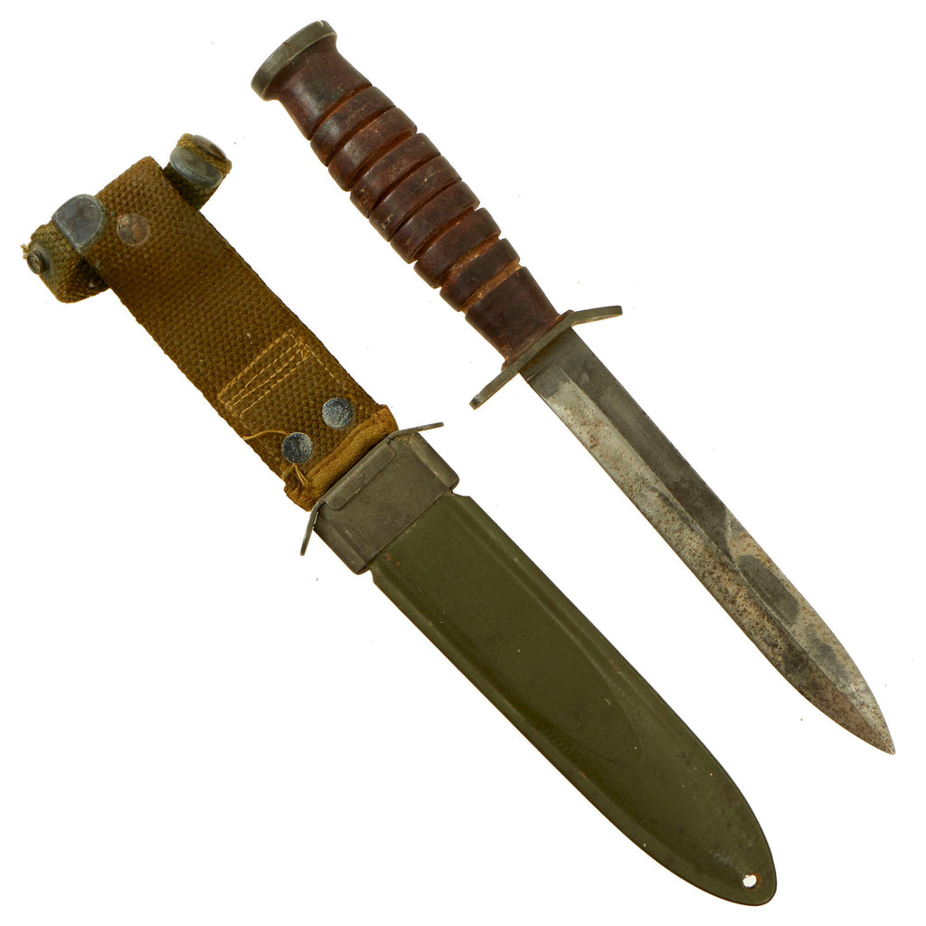 Original U.S. WWII M3 Fighting Knife by Kinfolks, Inc. with M8 Scabbard - Crossguard Marked Version Original Items