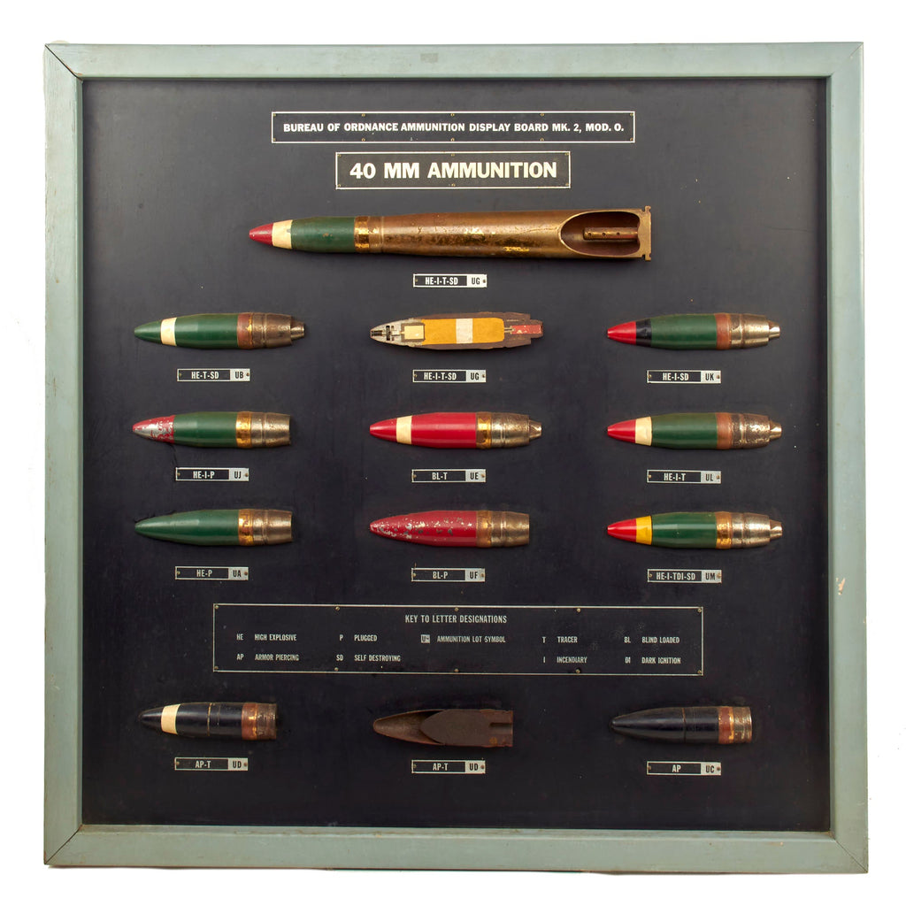 Original U.S. Pre Vietnam War Era Inert US Navy 40mm Mk2 Bureau of Ordnance Ammunition Display Board - 36” x 37” Original Items