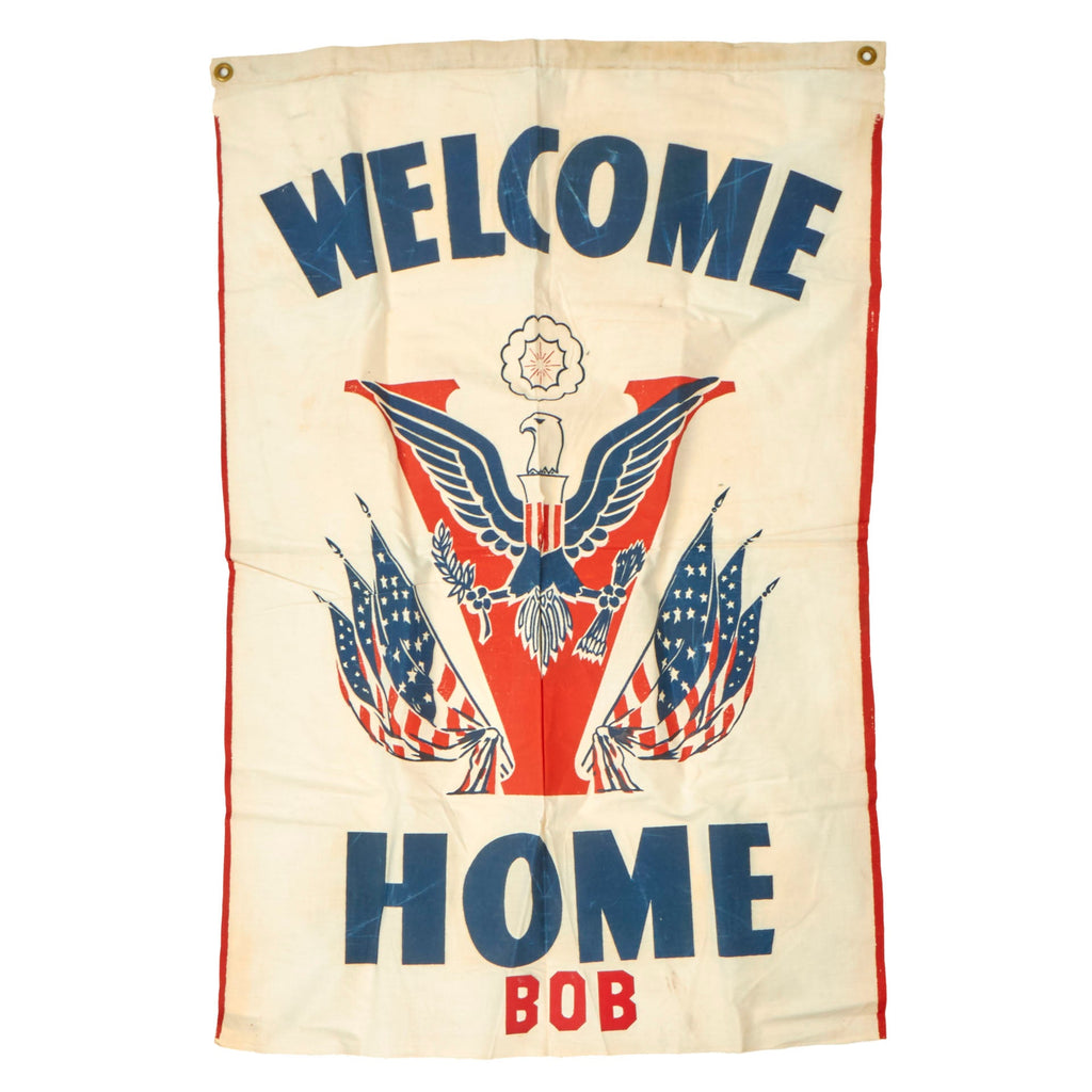 Original U.S. WWII Era “Welcome Home” V For Victory Red, White & Blue Message Flag for Bob - 24 x 37” Original Items