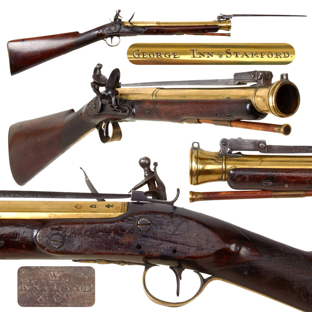 Original British Brass Barrel Flintlock Coaching Blunderbuss by W. Ketland & Co. Marked to George Inn of Stamford with Spring Loaded Bayonet - circa 1820 Original Items