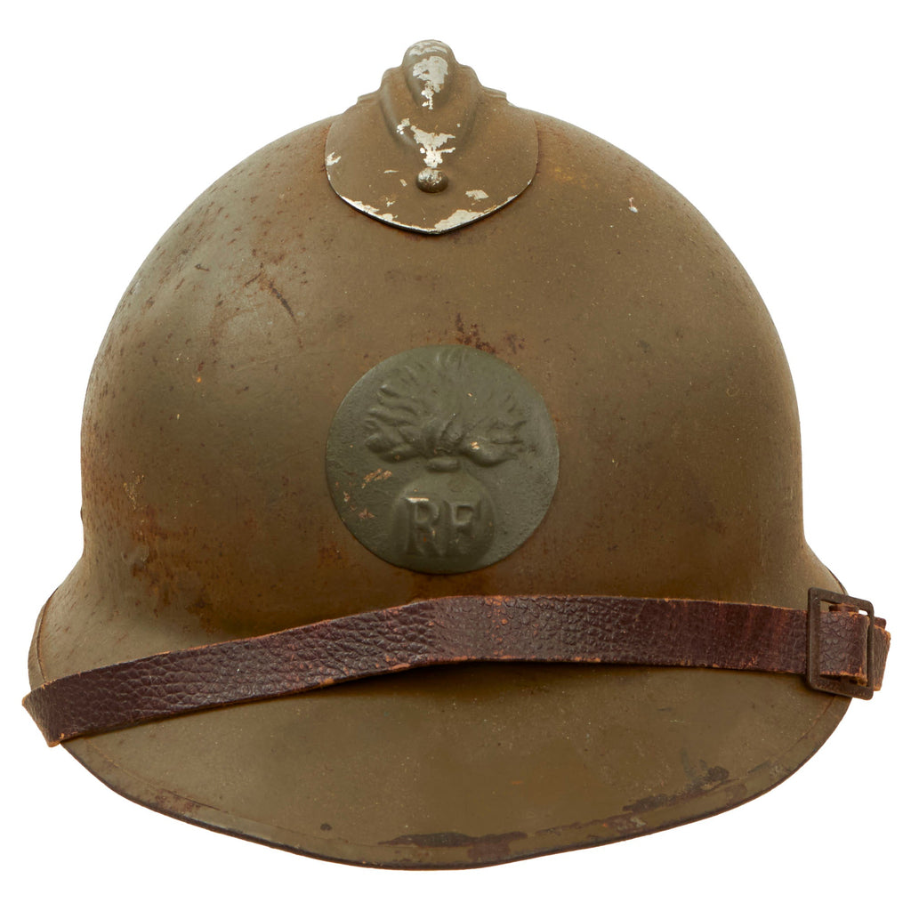 Original French WWII M1926 Adrian Helmet with Liner and Chinstrap - Olive Green Original Items