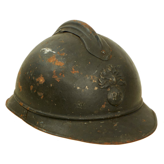 Original French WWI Issue Model 1915 Adrian Helmet in Horizon Blue with RF Badge and Partial Liner Original Items