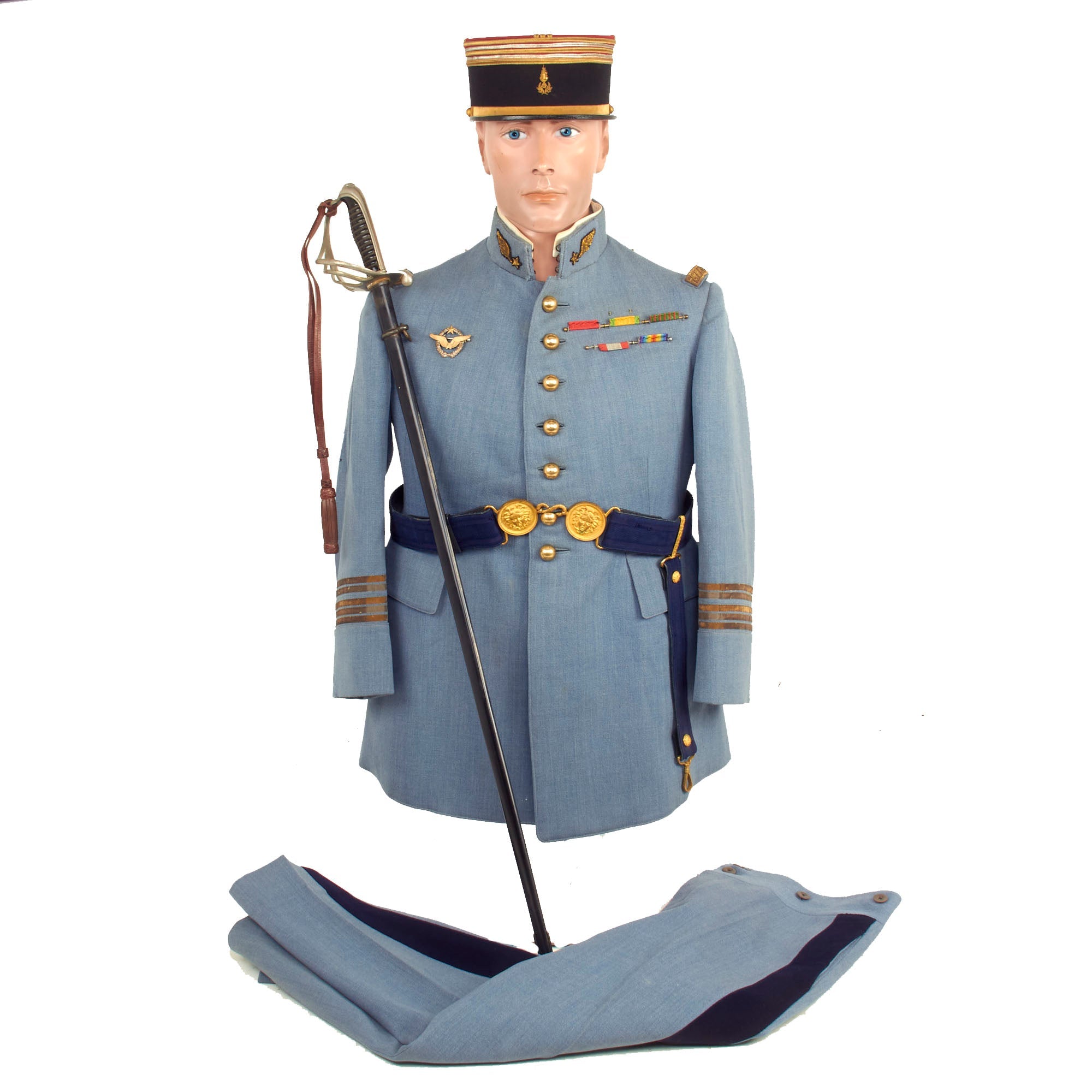 french gear Original France WWI Pilot Armée de l'Air French Air Service Officer’s Uniform Set With Tunic, Trousers, Sword Belt, Kepi and 1882 Pattern Officers