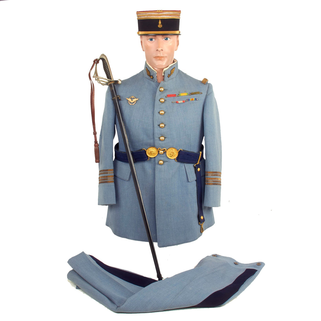 Original France WWI Pilot Armée de l'Air French Air Service Officer’s Uniform Set With Tunic, Trousers, Sword Belt, Kepi and 1882 Pattern Officers Sword With Scabbard - 5 Items Original Items