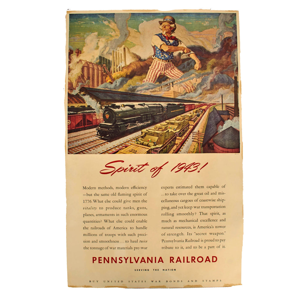 Original U.S. WWII 1942 Dated Pennsylvania Railroad Spirit of 1943 Uncle Sam Poster - 40" x 25" Original Items