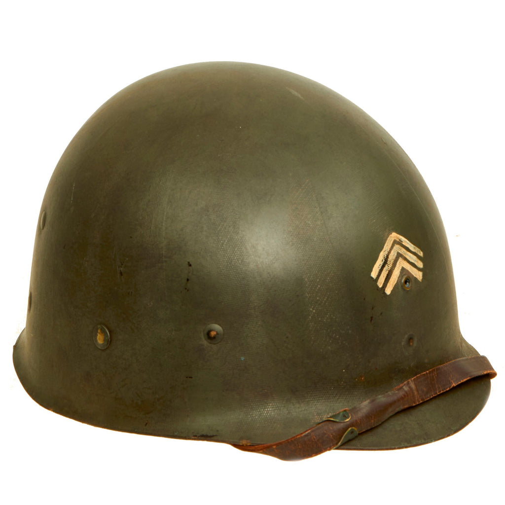 Original WWII U.S. Sergeant Rank Painted M1 Helmet Liner with NCO “Follow Me” Bar- by Westinghouse Original Items