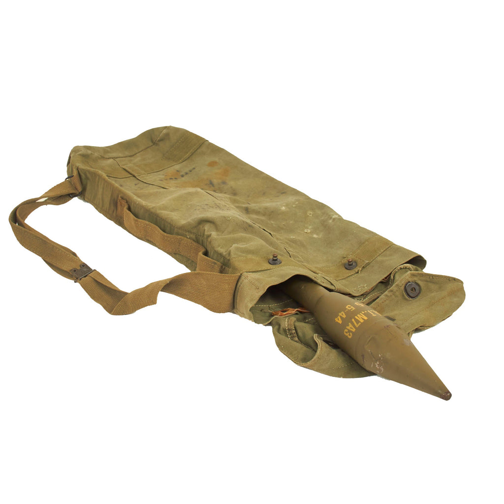 Original U.S. WWII Second Pattern M6 Bazooka Rocket Bag Dated 1945 With (1) Inert 2.36” Rocket Dated 1944 Original Items