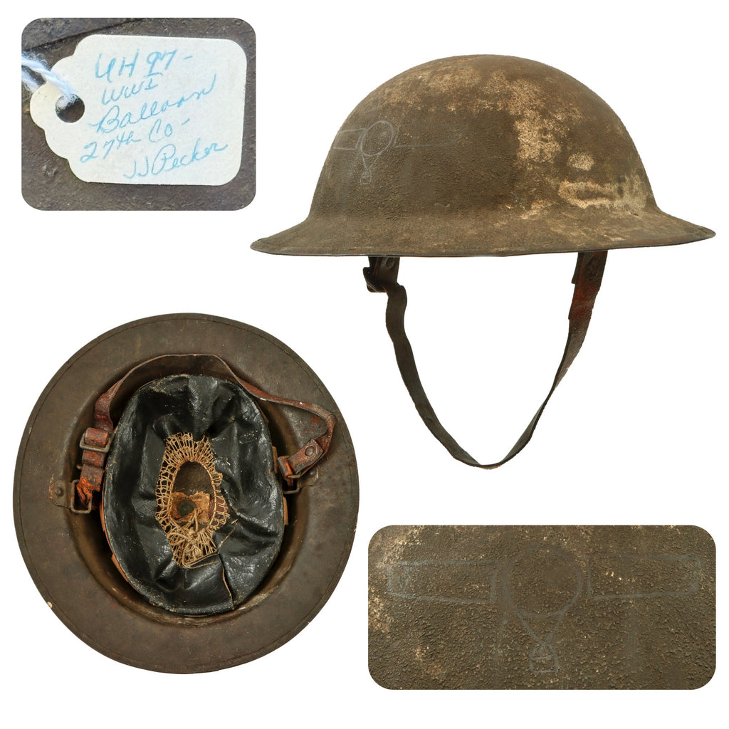 Original U.S. WWI Balloon Service Complete M1917 Helmet with Balloon Wings Scratched Into Finish - Attributed to J.J. Pecker, 27th Balloon Company Original Items