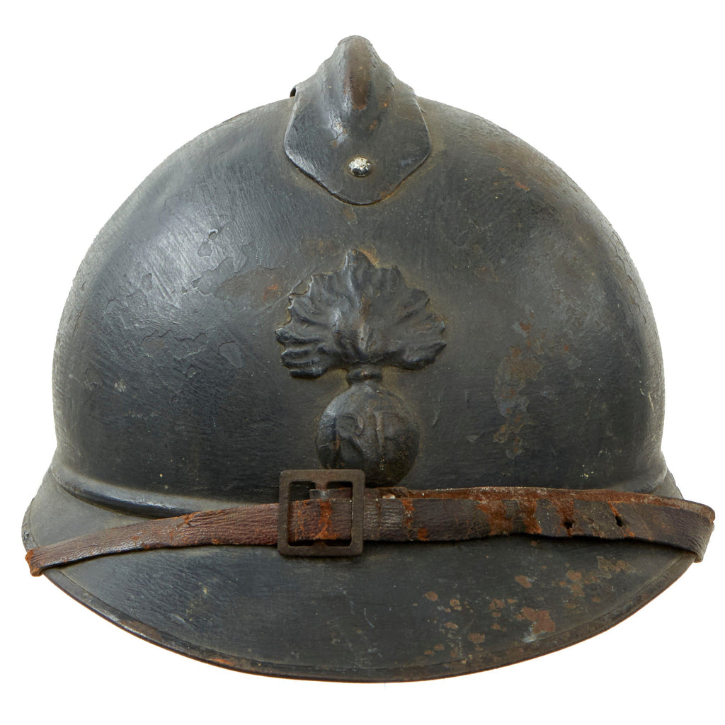 Original French WWI Issue Model 1915 Adrian Helmet in Horizon Blue with RF Badge and First Pattern Liner - Complete Original Items
