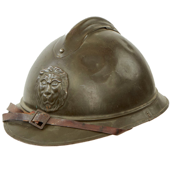 riginal Belgian WWI Issue French Model 1915 Adrian Helmet with Lion Head Badge and Liner - Complete Original Items