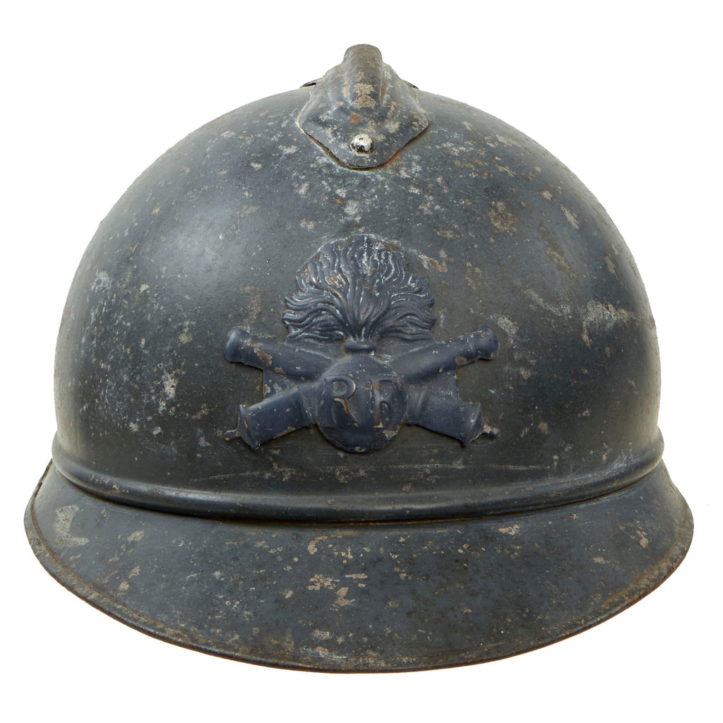 Original French WWI Issue Model 1915 Adrian Helmet in Horizon Blue with Artillery RF Badge and Second Pattern Liner - Complete Original Items