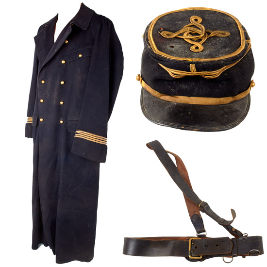 Original French WWI Early War Artillery Major Officer’s Greatcoat & Lieutenant’s Kepi with Officer’s Belt - Circa 1914 Original Items