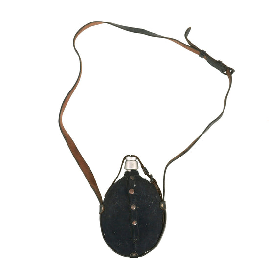 Original Belgian WWI Blue Wool Covered Aluminum Canteen With Leather Harness - Circa 1914/15 Original Items