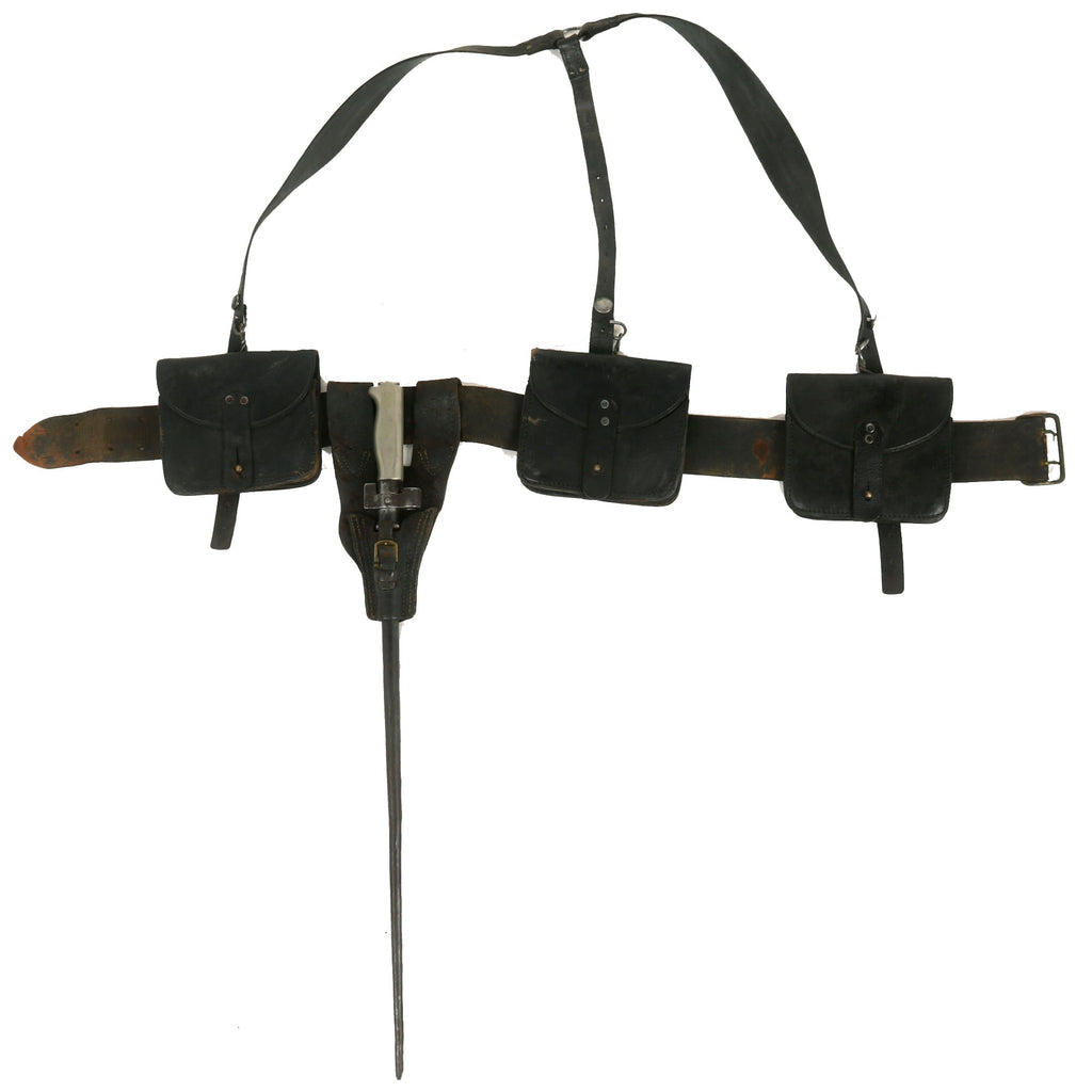 Original French WWI Infantry Model 1903 Leather Belt With 1892/14 Suspenders, M1905/14 Cartridge Pouches and Lebel Cruciform Épée Bayonet With M1888/14 Leather Frog Original Items