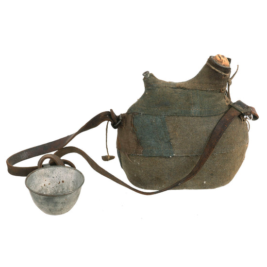 Original French WWI Model 1877 Canteen With Factory Made Cover in Horizon Blue with “Leftover” Material and Shoulder Strap With Tinned Cup - Bidon Original Items