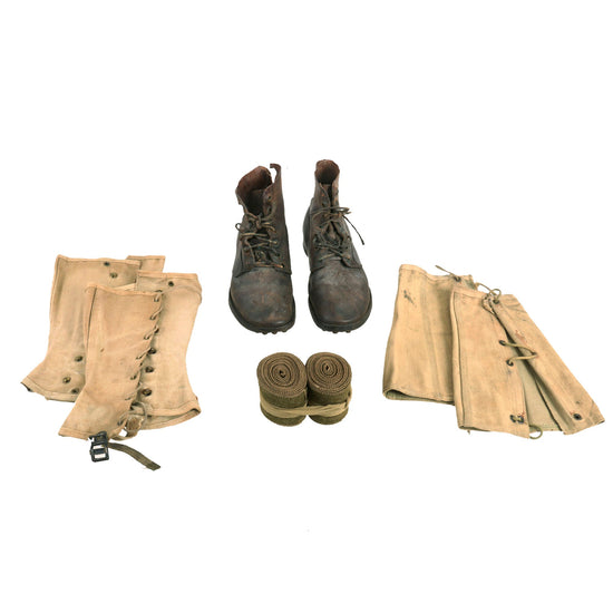 Original U.S. WWI M1917 Trench “Pershing” Boots With Wool Puttees, M1907 Gaiters and M1917 Gaiters - Matched Size 6 Original Items