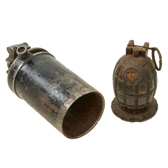 Original British WWI SMLE Cup Grenade Launcher with Inert "Battlefield PIckup" Mills Bomb No. 36 Mk. 1 Grenade Original Items