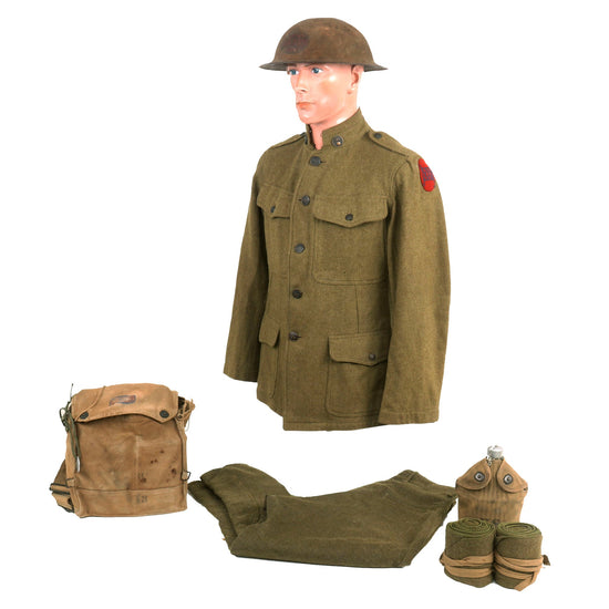 Original WWI US 30th Division “Old Hickory” Identified Uniform, Painted Helmet, & Painted Gas Mask Grouping Original Items