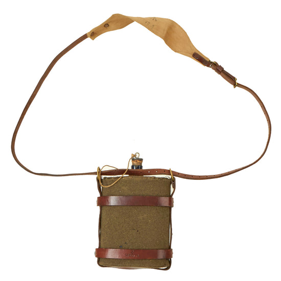 Original Canadian WWI Unissued Mounted Cavalry Blue Enamel Canteen With Leather Carrier and Shoulder Strap Original Items