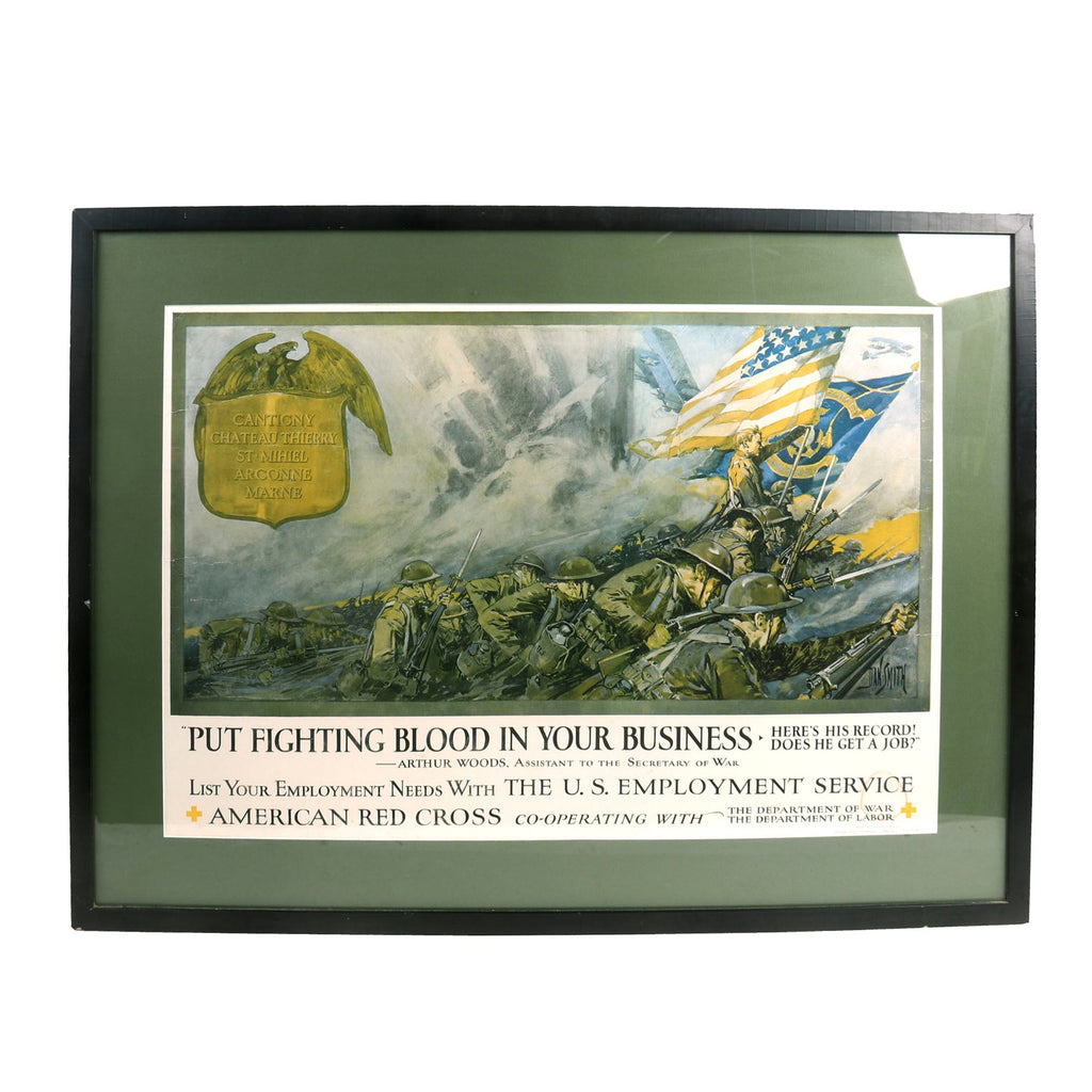 Original U.S. WWI Era U.S. Employment Service Featuring Artwork of USMC 6th Marine Regiment by Dan Smith - Framed; 25 ½” x 30” Original Items