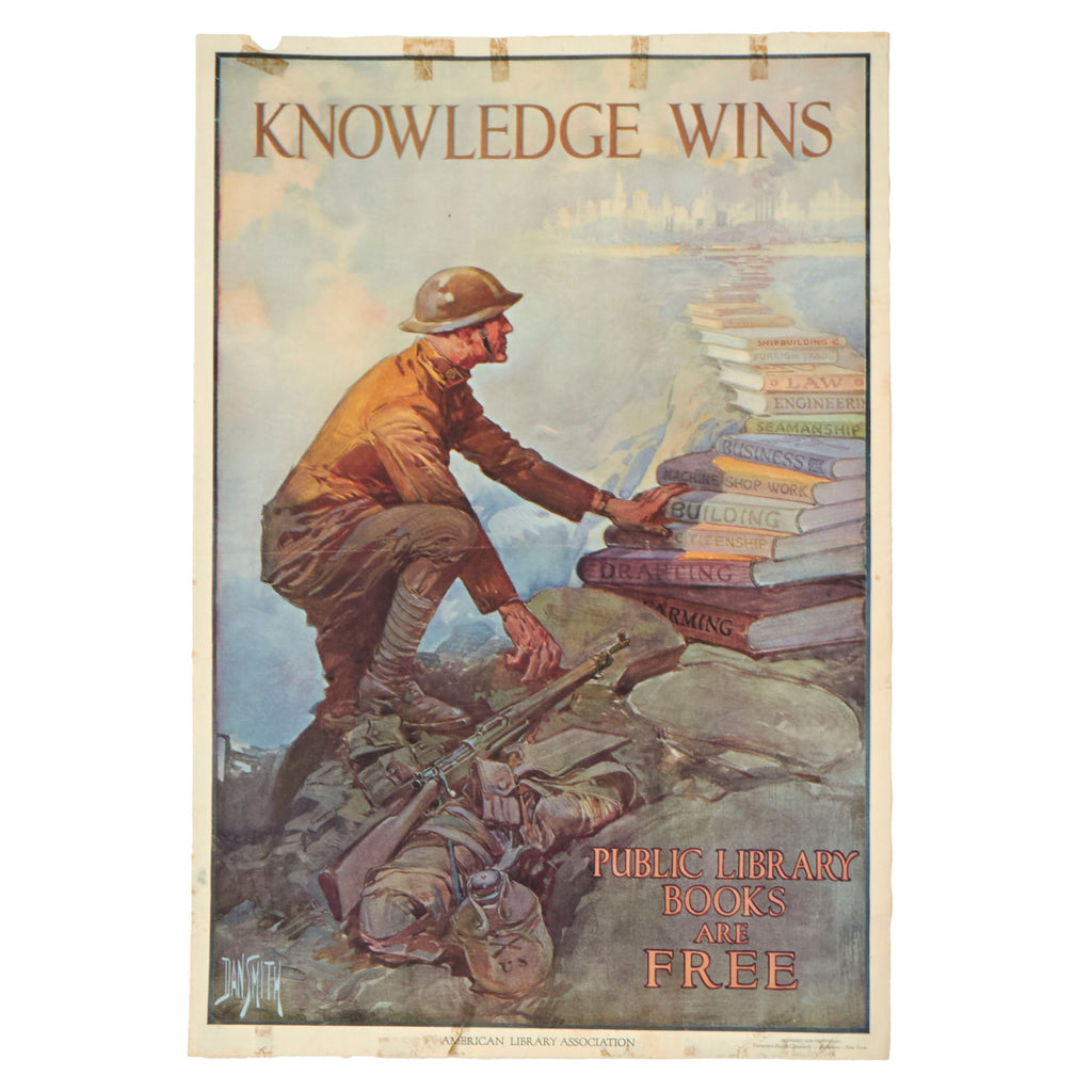 Original U.S. WWI Era “Knowledge Wins” Occupational Reading List Advertisement Poster by The American Library Association With Artwork by Dan Smith - 28” x 19” Original Items