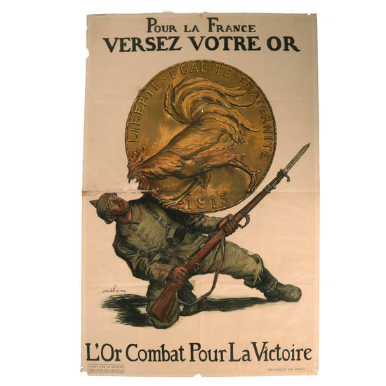 Original Rare WWI French "For France, Pour Your Gold" War Donation Poster by Abel Faivre - 31 ¼" x 47 ¼" - Pour La France Versez Votre Or Original Items