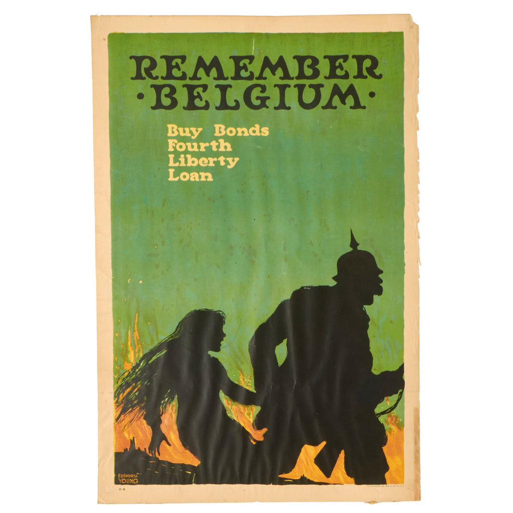 Original U.S. WWI 1918 “Remember Belgium, Buy Bonds, Fourth Liberty Loan” Propaganda Poster - 20” x 30” Original Items
