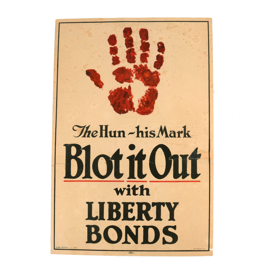 Original U.S. WWI Poster Board Mounted Liberty Bonds Propaganda Poster “The Hun - His Mark, Blot it Out” - 19 ¾” x 30” Original Items