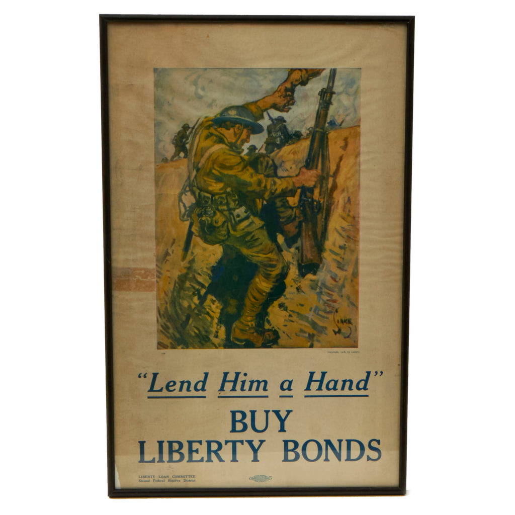 Original U.S. WWI Framed Liberty Bonds Propaganda Poster - “Lend Him a Hand” - 12¼” x 19⅜” Original Items