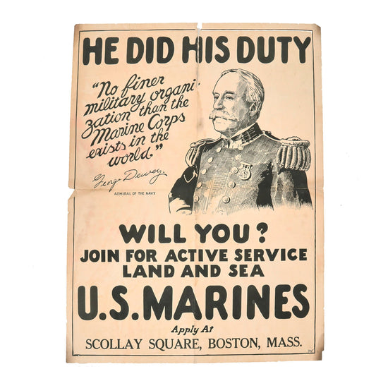 Original U.S. WWI Marine Corps "He Did His Duty" Recruiting Poster Featuring Admiral George Dewey - 21" × 27 ¾" Original Items