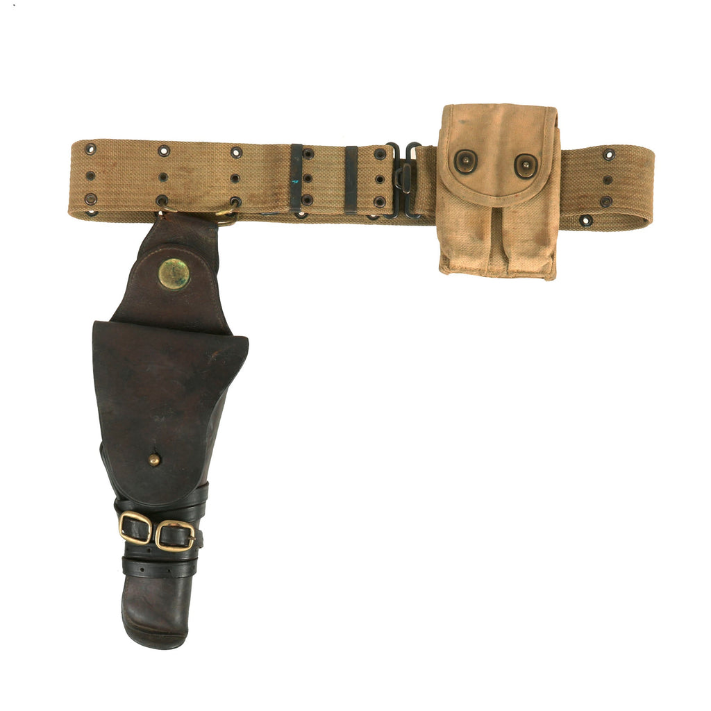 Original U.S. WWI 1915 Dated M-1912 Mounted Swivel Holster for 1911 .45 Automatic with M-1910 Pistol Belt, & WWI Magazine Pouch Original Items