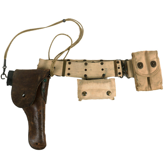 Original U.S. WWI Named M-1910 Pistol Belt Rig Featuring M1916 Holster for 1911 .45 Automatic, Magazine Pouch and First Aid Pouch With Bandage Original Items