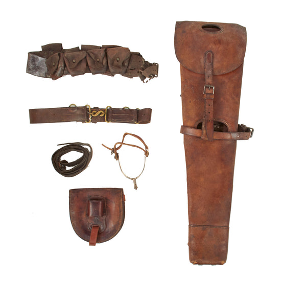 Original Australian WWI ANZAC Field Gear Equipment Lot - Cavalry Carry Case, Snake Belt, Beckers 1916 Bandolier, and Horseshoe Carrier