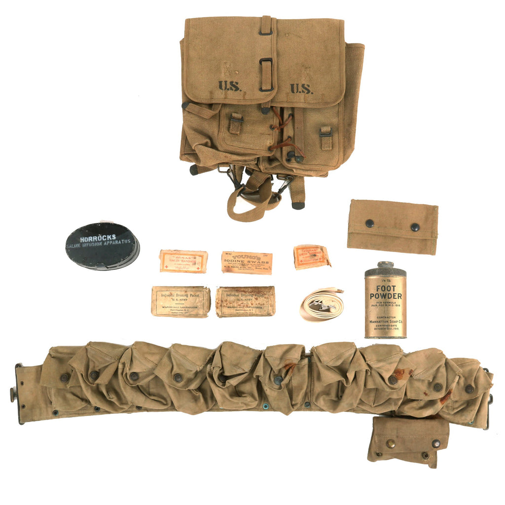 Original U.S. WWI Medical Field Gear Lot - M1912 Experimental Ration Bags - 1917 Medical Belt - Bandages Original Items