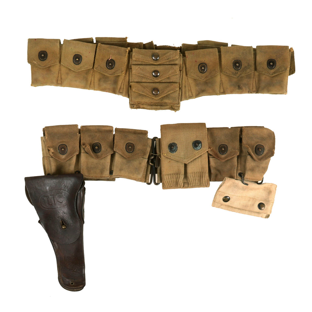 Original U.S. WWI Field Gear Lot with Calvary Bandolier & Mills Style Cartridge Belt with Holster Original Items