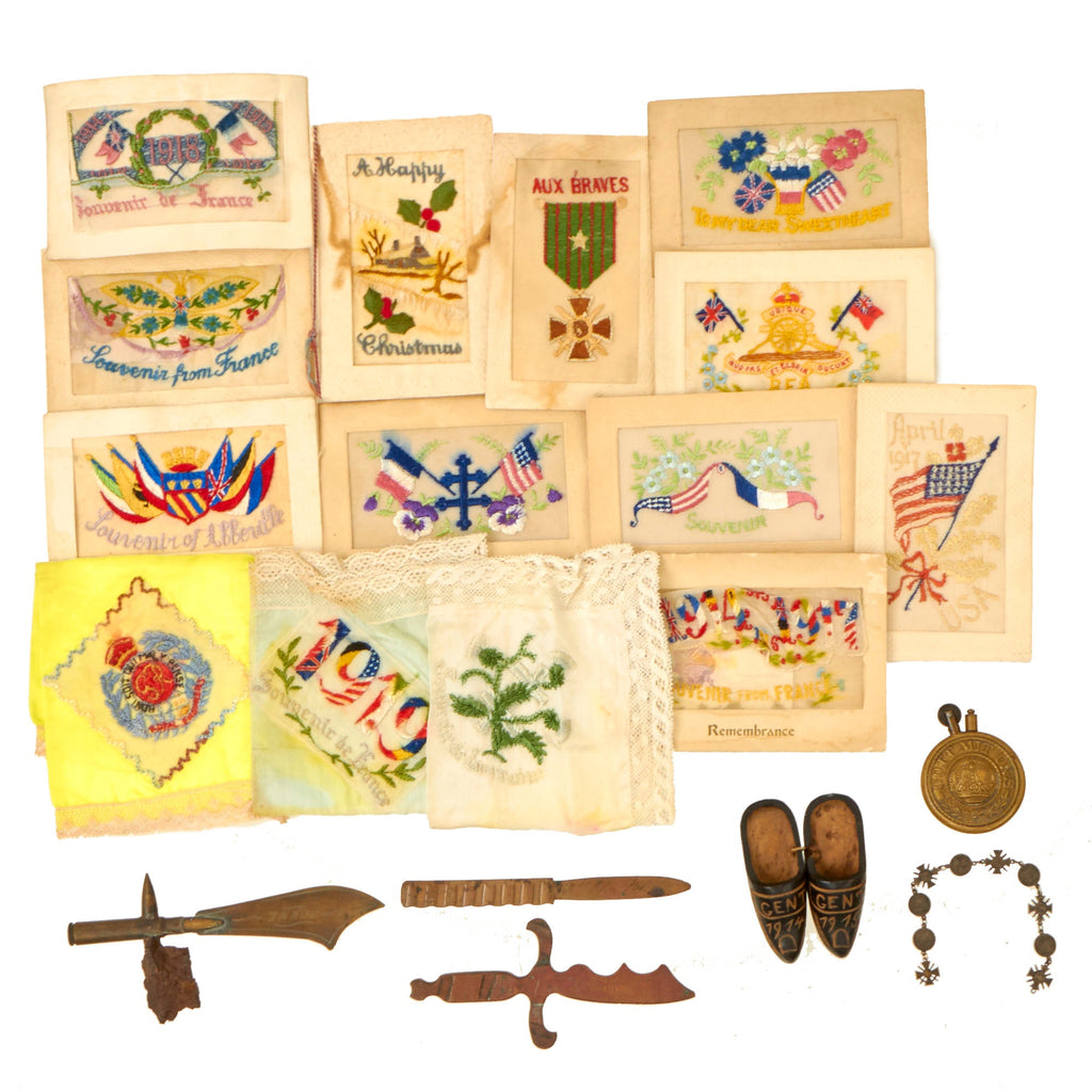 Original U.S. WWI Brass Trench Art Lot with Letter Openers, Embroidered Postcards & Handkerchiefs, & More Original Items