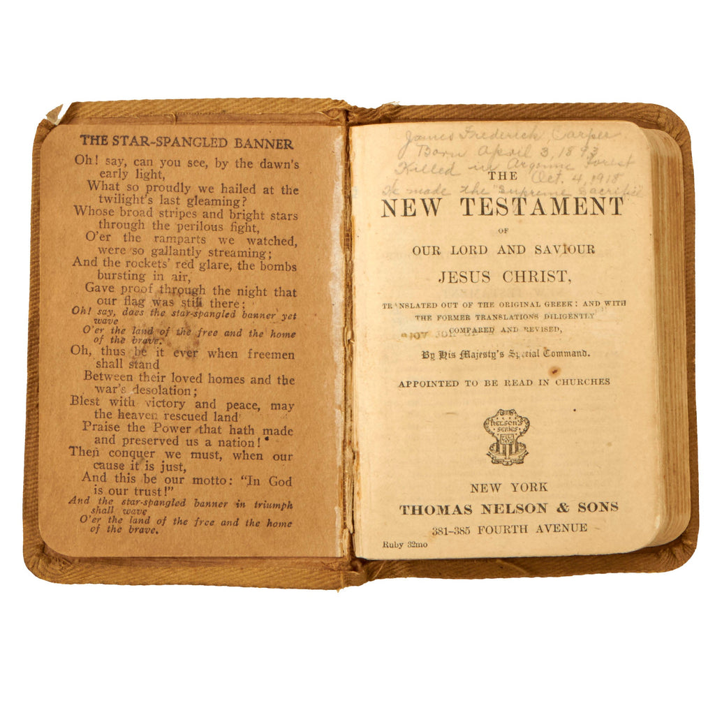 Orignal U.S. WWI 2nd Division KIA Pocket Testament Bible - James Frederick Carper - 23rd Infantry Regiment Original Items