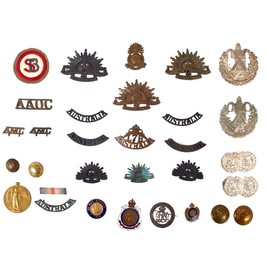 Original Australian WWI Scarce ANZAC Cap, Pin and Collar Insignia Lot with Stretcher Bearer Patch - 31 Pieces Total Original Items