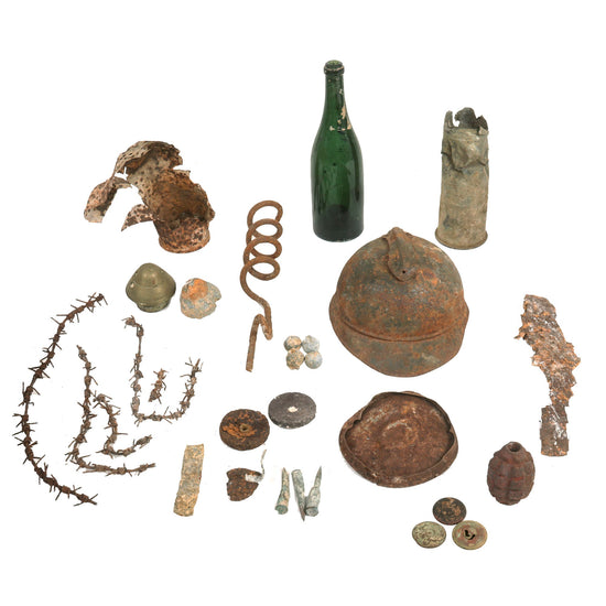 Original WWI French Battlefield Excavated Relic Collection - Adrian Helmet, Wine Bottle, Barbed Wire, Shells & More! Original Items