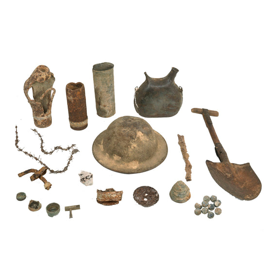Original WWI French Battlefield Excavated Relic Collection - Helmet, Canteen, Barbed Wire, Inert F-1 Grenade Shells & More! Original Items