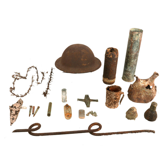 Original WWI French Battlefield Excavated Relic Collection - Helmet, Canteen, Barbed Wire, Shells & More! Original Items