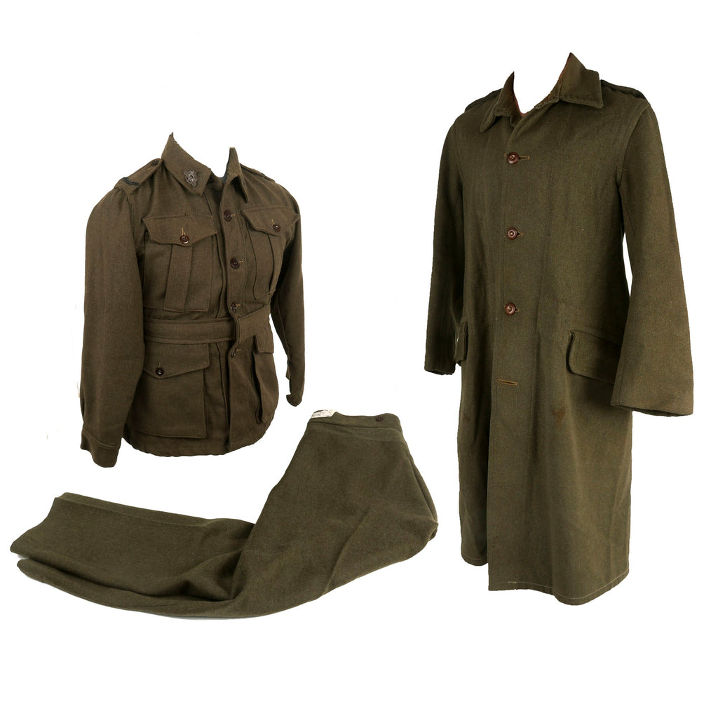 Original WWII Second Australian Imperial Force P-1917 Tunic Dated 1942 with 1945 Dated Wool Greatcoat Both With Insignia - 2 Items Original Items
