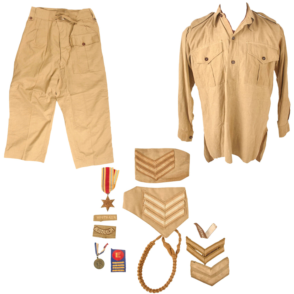 Original Australian WWII Khaki Tropical Uniform Shirt and Trousers with Named Examples, Africa Star, Rank Insignia, and Epaulette Titles