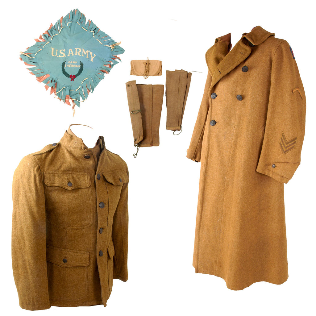 Original U.S. WWI Advanced Sector Patched Greatcoat & Uniform Group with Camp Sherman Pillowcase & Leggings - 18 Months Overseas Original Items