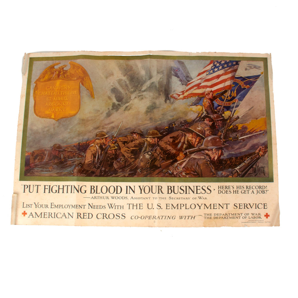 Original U.S. WWI U.S. Employment Service Propaganda Poster Featuring Artwork of USMC 6th Marine Regiment by Dan Smith - 19¼ x 28” Original Items