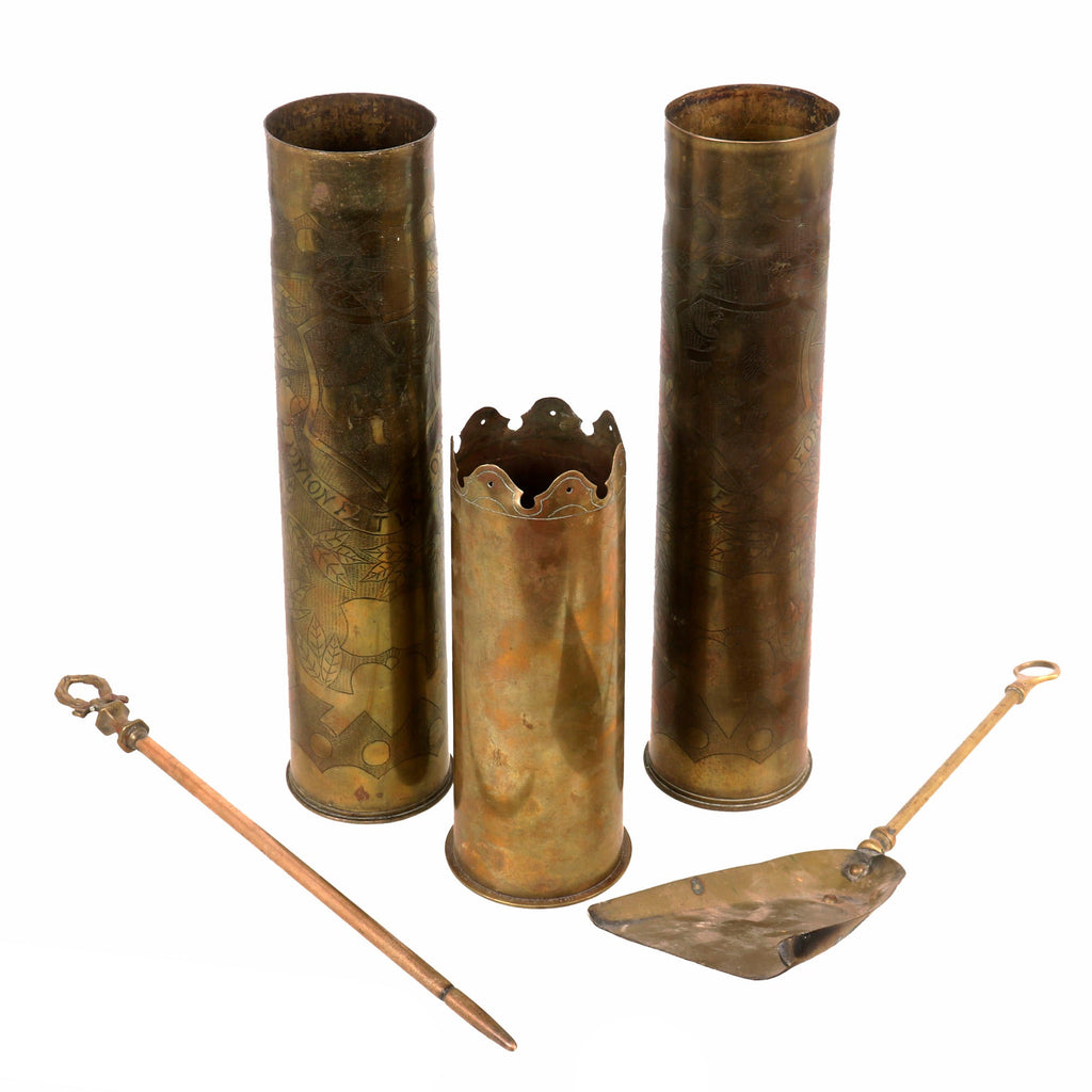 Original French WWI Trench Art Lot with Matching Shells with Belgium Coat of Arms - Fireplace Shovel & Poker Original Items