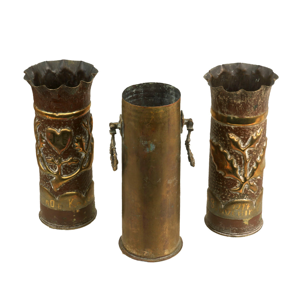 Original French WWI 75mm Artillery Shell Casing Trench Art Vase Lot - 3 Items Original Items